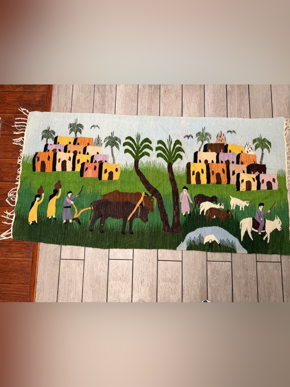 Handwoven Village Scene Wall Hanging  wool rug